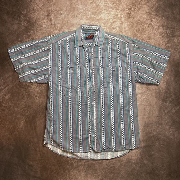 Vintage 90s Blazer Firenze Geometric Striped Button Up Shirt Short Sleeve Skater - Picture 1 of 6